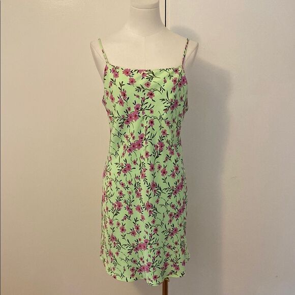 Zara Green and Pink Floral Satin Effect Mini Slip Dress Size L - Picture 4 of 15